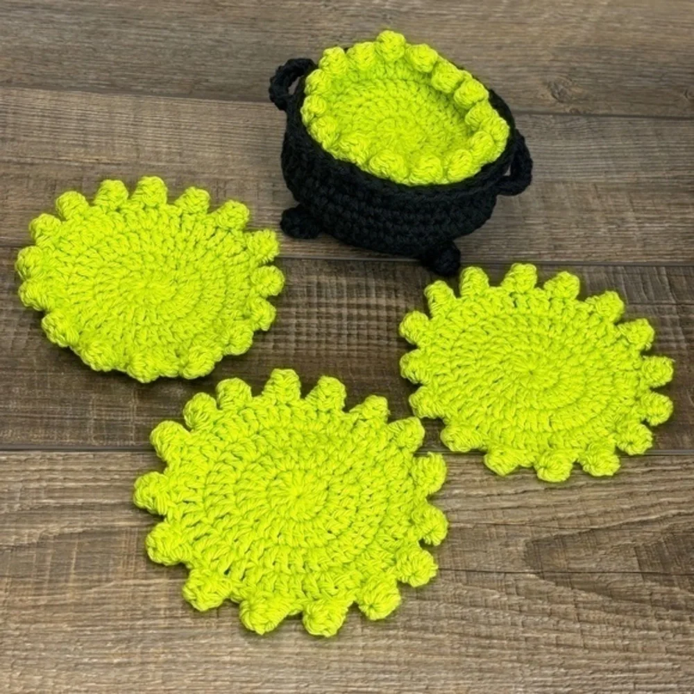 Halloween Cauldron and Potion‎ Cup Mug 4 Coasters Set Cotton Handcrafted Crochet
